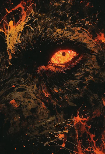 The frame is dominated by a single, piercing hyena’s eye, burning with a crimson-red glow, the only focus of the extreme close-up. Positioned on one side of the frame, the image captures just half of the hyena’s face, leaving the other lost in shadow, heightening the sense of mystery and intensity. The intricate mesh of white fractal lines sprawls across the iris, pulsating with an eerie luminescence, as if energy itself courses through its gaze. The fur, coarse and rugged, ripples in shades of deep charcoal and dusty gold, every strand meticulously textured with an almost hyper-realistic detail. The skin surrounding the eye bears subtle scars and timeworn creases, a silent testament to battles fought and won. Light carves along the ridges of the brow, casting spectral highlights that dance across the fractal patterns, making them shimmer and shift like embers in a dying fire. The extreme close-up captures not just the raw power of the beast, but an ancient, untamed presence—primal, unrelenting, and watching.