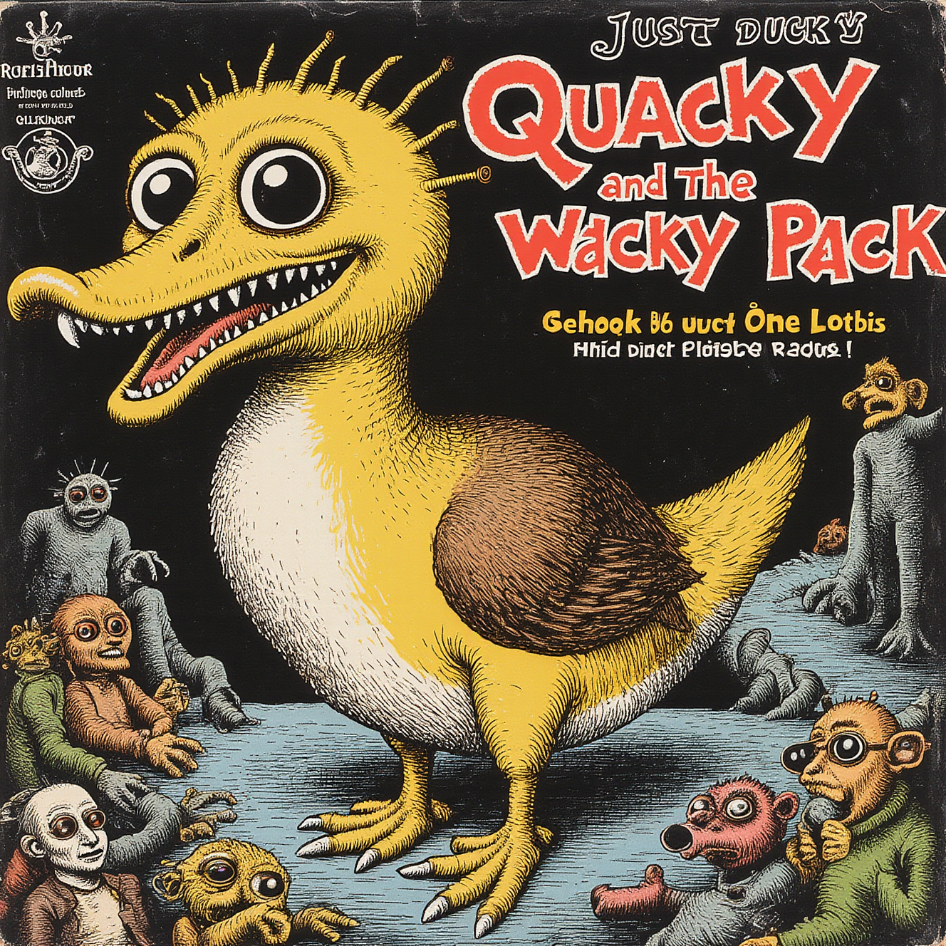 the image is of an album cover for 'Just Ducky' by 'Quacky and the Wacky Pack'. 1980s punk rock aesthetic. cover art by r0b3rt_crum8. style of Hieronymus Bosch.
detailmaximizer
<lora:ImageUpgraderV2:.7> <lora:robert-crumb-flux-v2:.7> <lora:style_of_Hieronymus_Bosch_FLUX_189:.7>