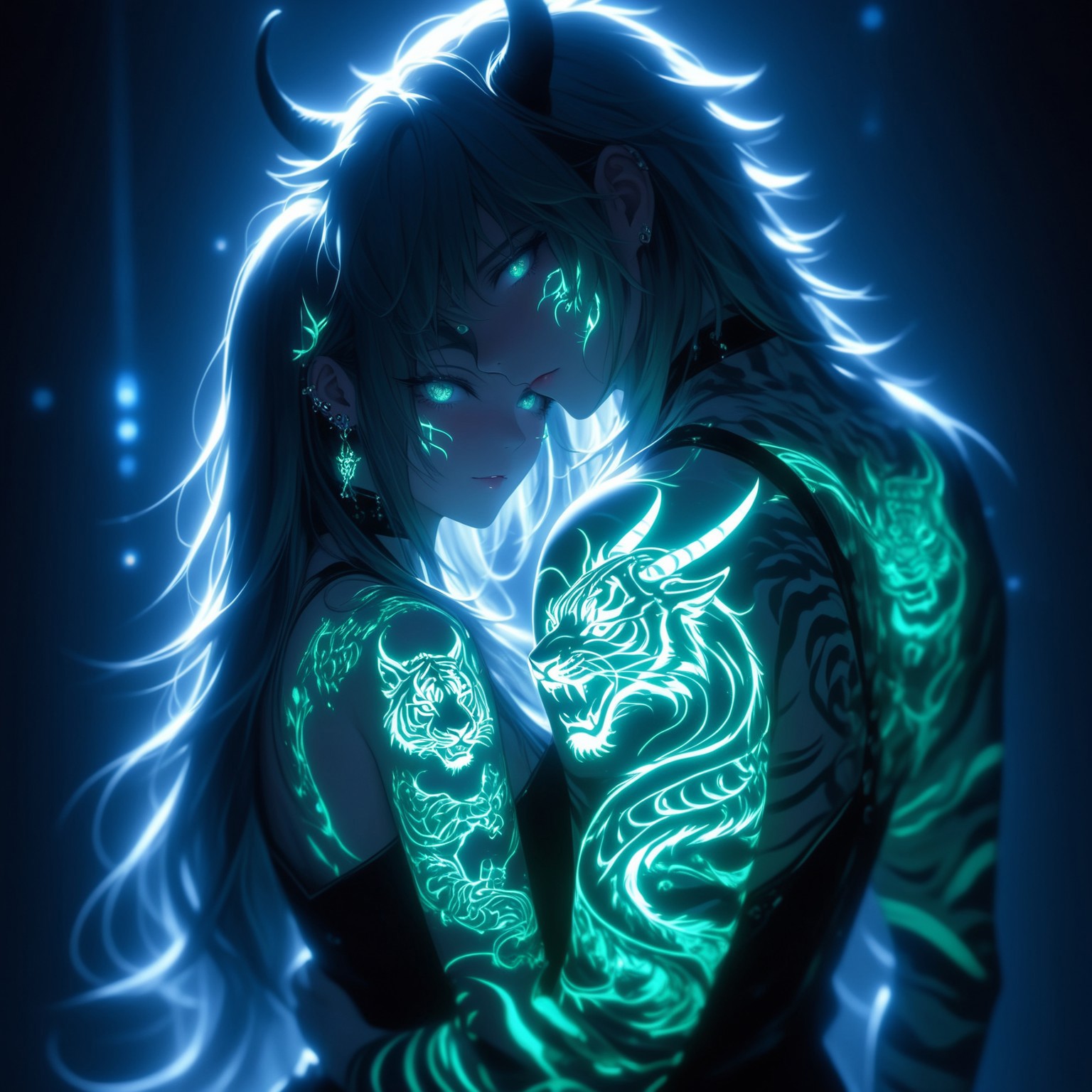 safe_pos, ((Masterpiece)), ((Tiger tattoo)), ((luminous:1.2)), (horns), ((seductive look and expression)), 1girl, tattoo, solo, glowing, looking at viewer, lovely couple in love, standing in a night club, night club