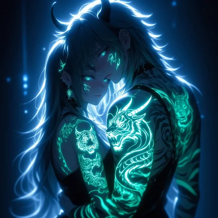 safe_pos, ((Masterpiece)), ((Tiger tattoo)), ((luminous:1.2)), (horns), ((seductive look and expression)), 1girl, tattoo, solo, glowing, looking at viewer, lovely couple in love, standing in a night club, night club