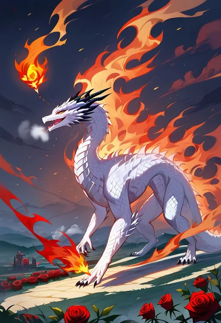 (masterpiece), (best quality), source_anime+, perfect anatomy, HD, 10k Res, digital_media_(artwork) hi_res, intricate, high quality, amazing quality, (noir, fantasy) theme, (1 feral white dragon, breathing fire), (rose, plains), Drestoria-Style_V1