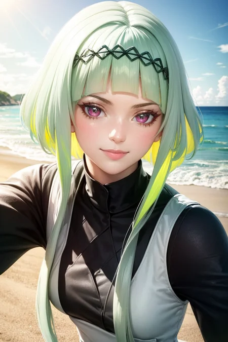 (ringo),beautiful,masterpiece, best quality, extremely detailed face,perfect lighting,smile, sidelocks,beach,outdoors,sunny,(1girl:1.3) <lora:ringo:1>