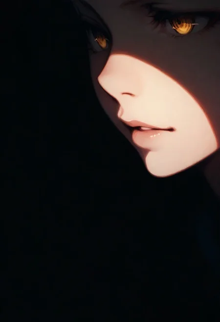 1girl, Oshino Shinobu (Monogatari), solo, dark, light, masterpiece, best quality, very aesthetic, close up, parted lips