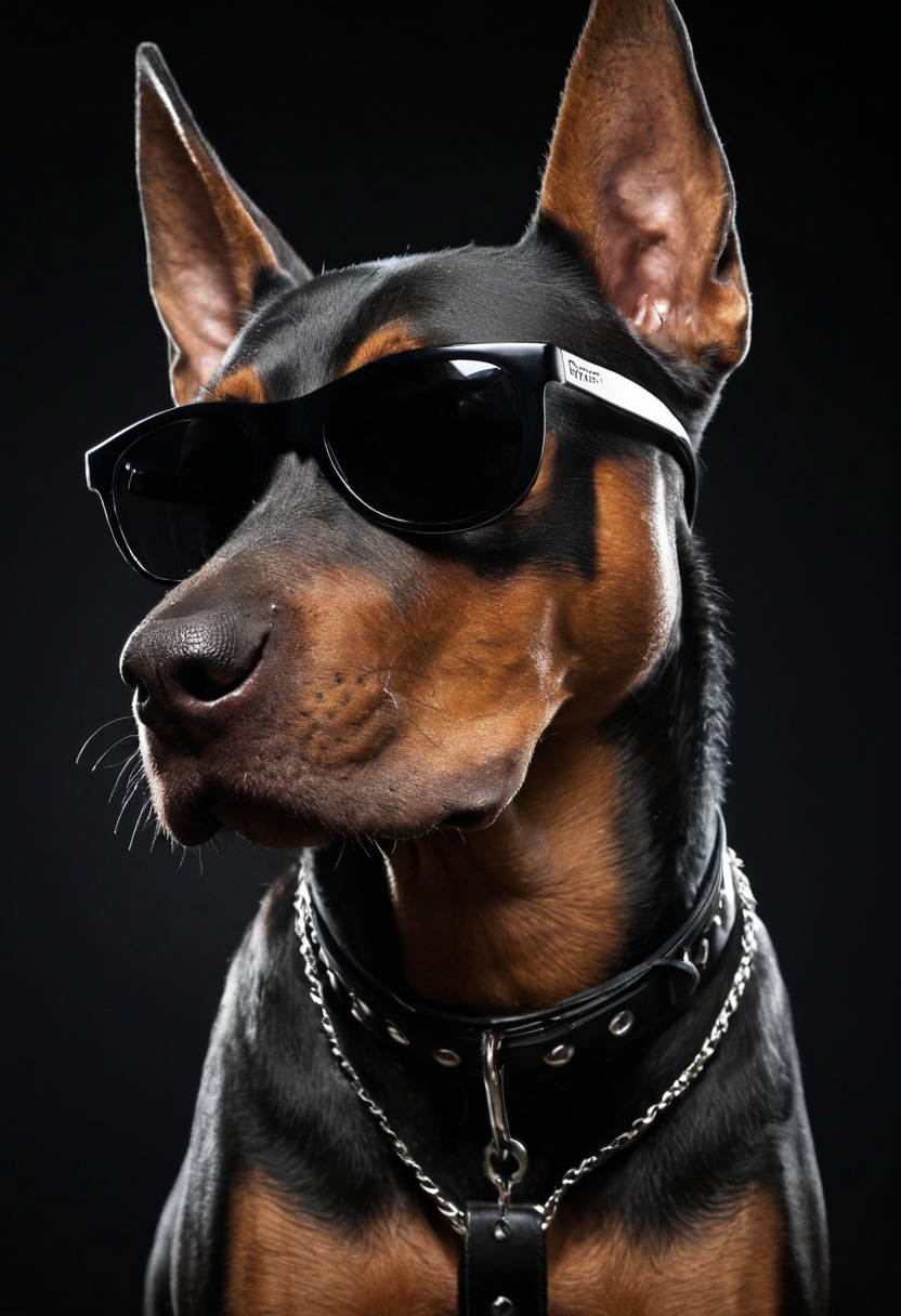 cinematic still (best quality, 8K, high resolution, masterpiece), ultra detailed, (3D CGI), black sunglasses, trendy, fashionable, silver and black stylized angry muscle doberman on a black background, countryside advertising, winning photo . emotional, harmonious, vignette, 4k epic detailed, shot on kodak, 35mm photo, sharp focus, high budget, cinemascope, moody, epic, gorgeous, film grain, grainy, (masterpiece), (best quality), (ultra-detailed), (best quality, 8K, high resolution, masterpiece), ultra detailed, (3D CGI), black sunglasses, trendy, fashionable, silver and black stylized angry muscle doberman on a black background, countryside advertising, winning photo, illustration, disheveled hair, detailed eyes, perfect composition, moist skin, intricate details, earrings, (best quality, 8K, high resolution, masterpiece), ultra detailed, (3D CGI), black sunglasses, trendy, fashionable, silver and black stylized angry muscle doberman on a black background, countryside advertising, winning photo, cinematic, modern fine detail, polished, complex, elegant, vibrant color, highly saturated, sharp focus, epic composition, joyful, dramatic light