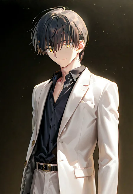 ((masterpiece, best quality, amazing quality, very aesthetic, absurdres)),
Takeuchi takashi, ((solo)), calm, smile, closed mouth, 1boy, solo, peaceful, closed mouth, slim_build (((yagami_light face))), (((black hair, yellow eyes))), ((short hair, hair between eyes)), (((white suit, open suit, black shirt, collared shirt, black slacks))), no background, dark background, sideshot, cowboy shot, dark background, portrait,