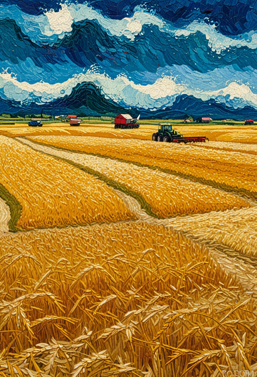 , Abstract expressionist landscape where fields of wheat transform into a turbulent ocean, straw stalks becoming cresting waves, harvest machines morphing into ships, hyper-detailed textures of grain and water, dynamic brushstrokes creating sense of motion, inspired by Van Gogh's wheat fields and Turner's seascapes, vibrant golden palette contrasting with deep blues, impasto technique visible, commentary on climate change and food security, emotional keywords: tumultuous, awe-inspiring, foreboding