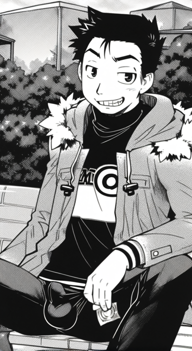 score_9, score_8_up, score_7_up, anime_source, official artstyle, anime screencap, highly detailed, 1boy, perfect composition, good shading, male focus, 1boy, solo, outdoors, park, jacket, fur trim, sitting on bench, smug grin, pack of condoms between teeth, penis visible through clothes, bulge, erection, akishima boy, black hair, short hair, monochrome