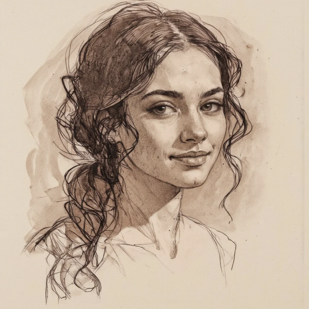 Art by Patrick Jones. Shading, Freehand Drawing, Loose Lines, Gestural, Outline. A realistic pencil drawing of a young woman, captured from a profile camera angle, showcasing a detailed and realistic portrait of a woman with a soft expression. the subject is in the middle of the image, with her head turned slightly to the side, looking directly at the viewer with a serene and calm expression. she has long, wavy, dark brown hair that falls down her back, framing her face and accentuating her features. her eyes are large and expressive, with a hint of a smile, and her lips are slightly parted, giving a subtle hint of her lips. her hair is messy and unkempt, adding to the overall sense of calmness and serenity. the background is a plain, light beige, providing a subtle contrast to the subject's features, making the subject stand out in the image. the drawing is highly detailed and has a realistic texture, with subtle shading and highlights to give it a lifelike appearance.