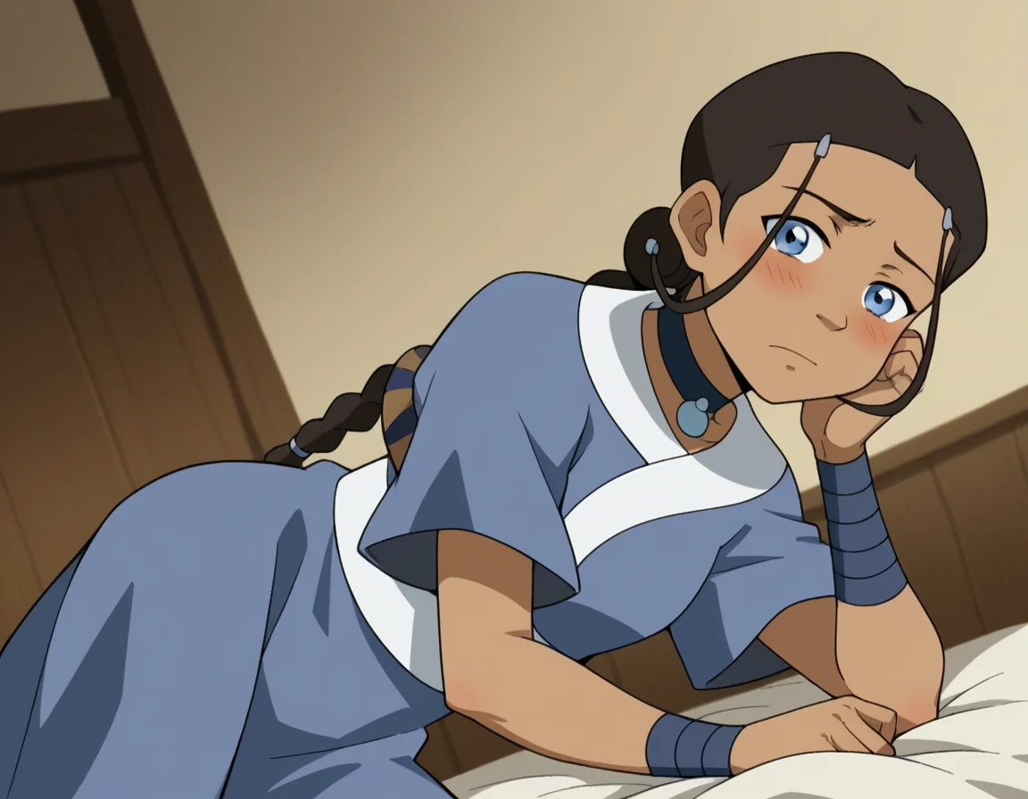 score_9, score_8_up, score_7_up, source_anime, <lora:katara-book2-ponyxl-lora-nochekaiser:1>, katara, long hair, blue eyes, brown hair, black hair, hair ornament, hairclip, braid, single braid, braided ponytail, dark skin, dark-skinned female, choker, short sleeves, robe, blue robe, sash,, indoors, bed, bed room, on side, blush, drunk, looking at viewer, solo, cowboy shot, dutch angle