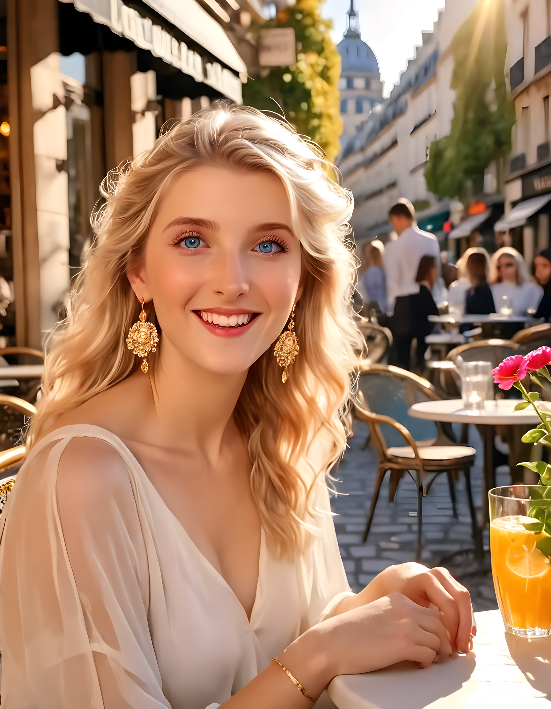 ameliagabs, In a bustling, sunlit Parisian café, Amelia Gabs, a radiant woman with cascading blonde hair and captivating blue eyes, is elegantly seated at an outdoor table. Her demeanor exudes serene joy as she glances over her shoulder, catching the camera's eye, revealing a dazzling smile adorned with sparkling earrings. The warm sunlight casts a golden glow upon her, highlighting her delicate features against the vibrant backdrop of the city's iconic architecture and colorful flower-filled tables.