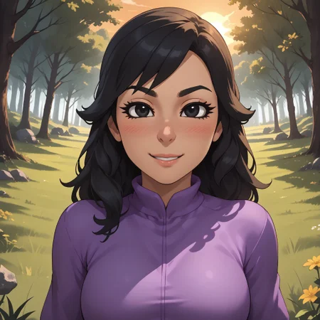 score_9, score_8, BREAK, solo, wii, mii, wii sports, 1girl, female mii, black hair, black eyebrows, black eyes, blush, purple clothing, white pants, shoes, breasts, nintendo mii, modern_mii, classic_mii, Valeria_Torres_(OC_Mii), cute, sexy pose, self portrait, smile, outdoors, sunlight, shadows, evening lighting, natural lighting, forest, trees, grass, orange sky, sunset