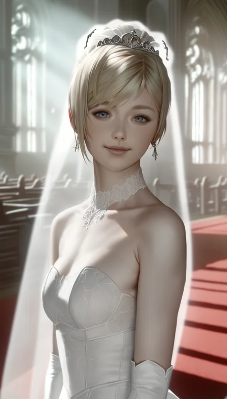 score_9,score_8_up,score_7_up,
<lora:Leanne:0.9>,
leanne,
highres,photorealism,
1girl,solo,blonde hair,updo,bangs,bridal veil,blue eyes,looking at viewer,smile,parted lips,
earrings,wedding dress with lace trim,white gloves,
(portrait:1.2),
indoors,church,red carpet,bloom,