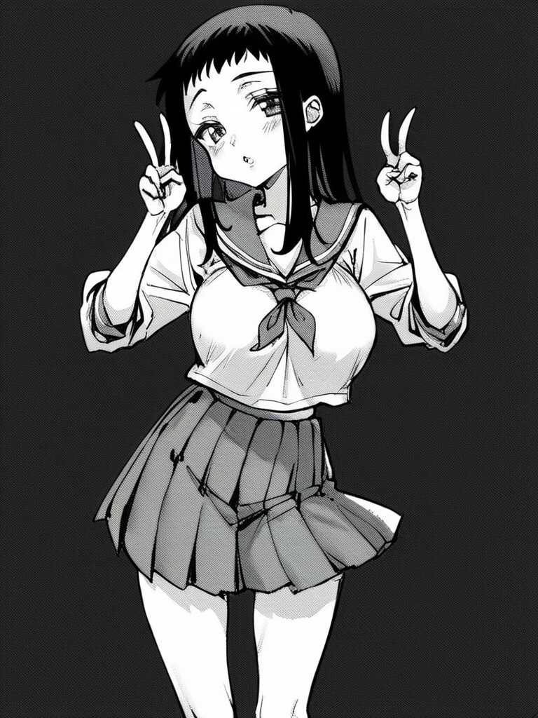 score_9, score_8_up, score_7_up,  
1girl, monochrome, nikenya risa, black hair, long hair, large breasts,

standing, black background, double v, parted lips, looking at viewer, serafuku, pleated skirt, bare legs, 
