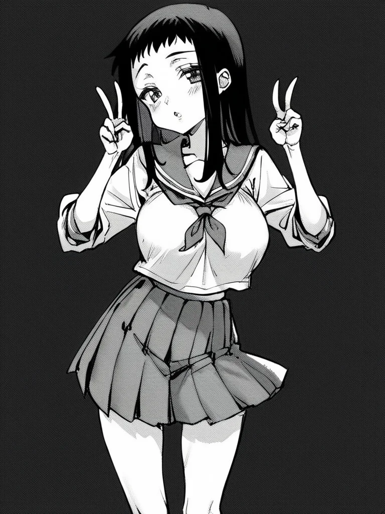 score_9, score_8_up, score_7_up,
1girl, monochrome, nikenya risa, black hair, long hair, large breasts,
standing, black background, double v, parted lips, looking at viewer, serafuku, pleated skirt, bare legs,
