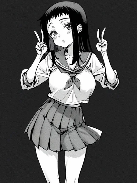 score_9, score_8_up, score_7_up,
1girl, monochrome, nikenya risa, black hair, long hair, large breasts,
standing, black background, double v, parted lips, looking at viewer, serafuku, pleated skirt, bare legs,