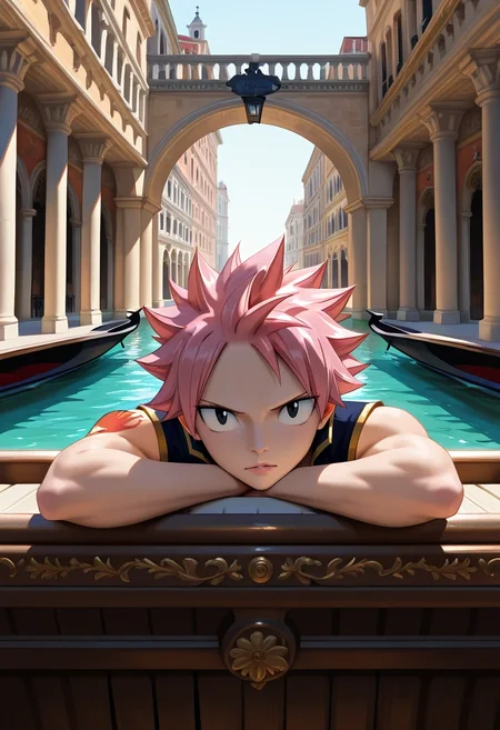 masterpiece, best quality, intricate details, (photorealistic:0.6), looking at viewer, 1boy, solo, male focus, <lora:natsu_dragneel_ilxl:0.9>, natsu_dragneel, pink hair, black eyes, spiked hair, , rule of thirds, venice, gondola ride, indoors, leaning on object, speaking, talking,