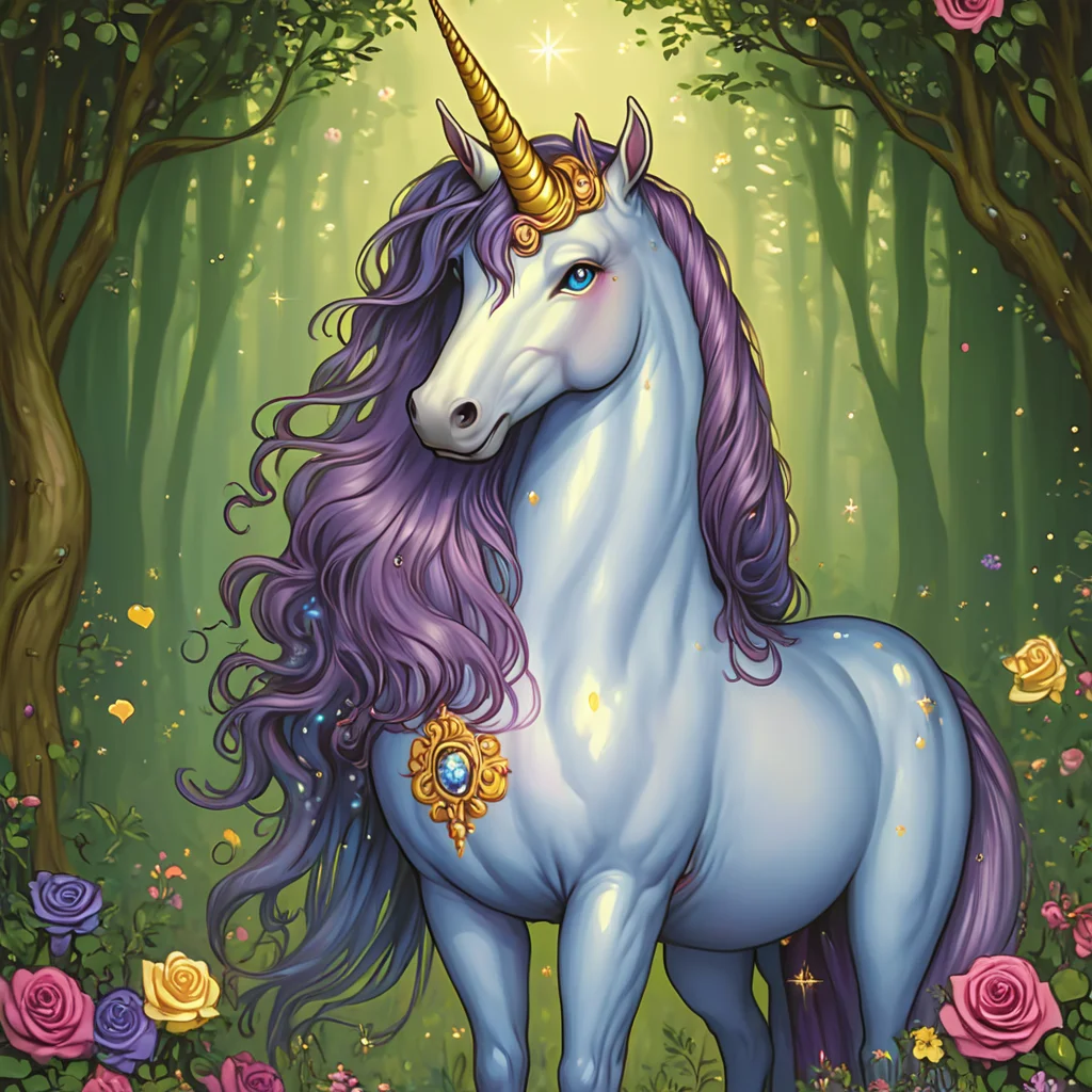<lora:Wonderland:1>   ArsMJStyle, Wonderland, The image shows a blue unicorn with long purple hair and a golden horn standing in a lush forest of trees and flowers. The painting is a DIY diamond painting kit perfect for creating a beautiful and unique piece of art., single horn, horns, no humans, unicorn, star (symbol), flower, solo, rose, long hair, purple hair
