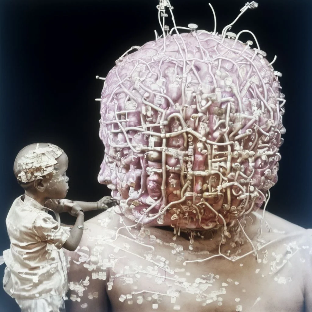 a cinematic still color photograph, from the dream of an android-human-replica, who working tirelessly ,creates a machine that makes copies of human dreams, bio-computer configured with biologically plausible biogenic circuits, brazilian tropicalia retrofuturism,
cursed image, thinking plague
