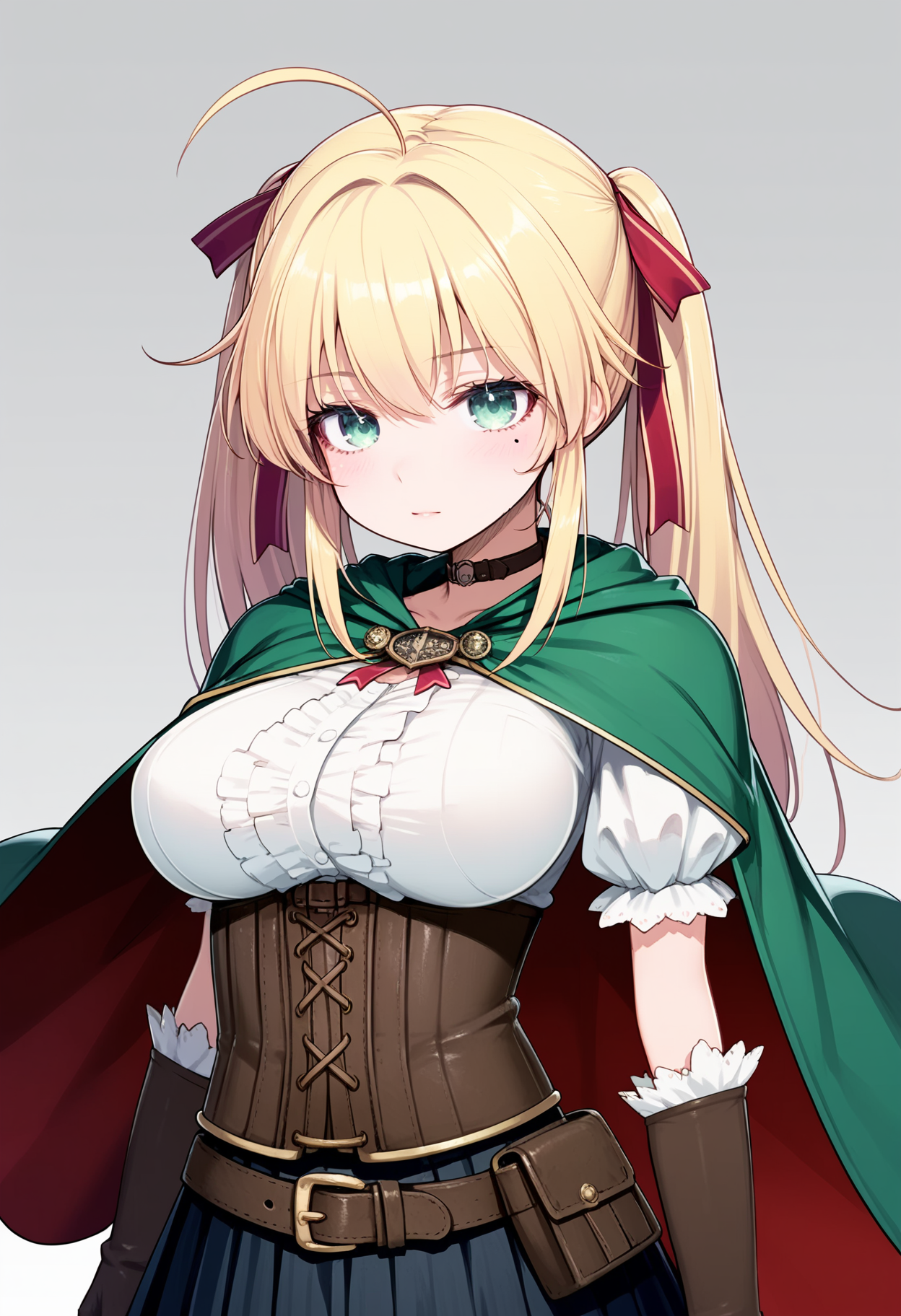 score_9, score_8_up, score_7_up,source_anime,rating_explicit,uncensored,anatomically correct,best perspective BREAK
1girl,  solo, 
<lora:MagetanoOfTheCurseofKubel:1> magetano\(thecurseofkubel)\, green eyes, blonde hair, ahoge, long hair, large breasts, mole, mole under eye,  choker, 
twintails, ribbon, red ribbon, cape, green cape, brown gloves, elbow gloves, pleated skirt, belt, underbust, puffy sleeves,