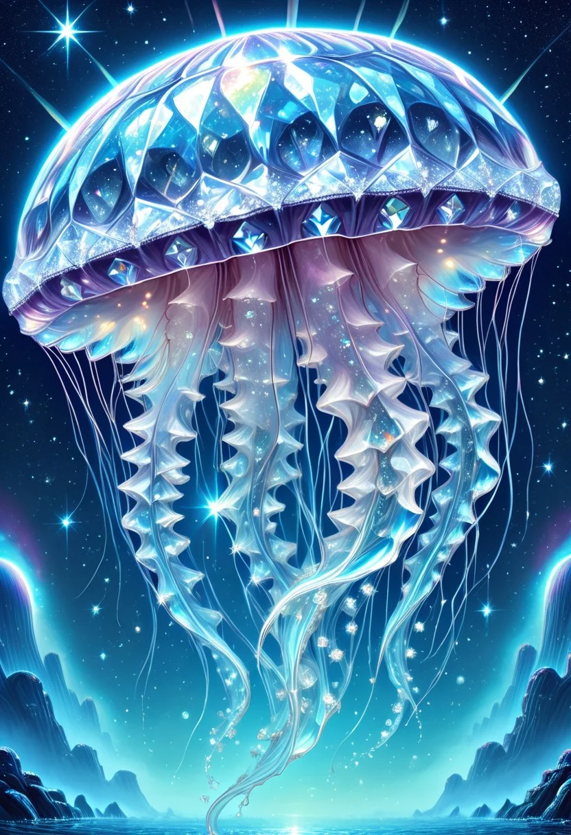lazympos, celestial jellyfish,gelatinous body refracting starlight,diamond tendrils drifting in cosmic oceans,alien ruins below,ethereal glow,otherworldly realism,diamondMW,countless diamonds