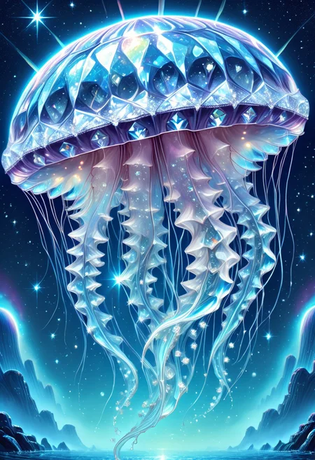 lazympos, celestial jellyfish,gelatinous body refracting starlight,diamond tendrils drifting in cosmic oceans,alien ruins below,ethereal glow,otherworldly realism,diamondMW,countless diamonds