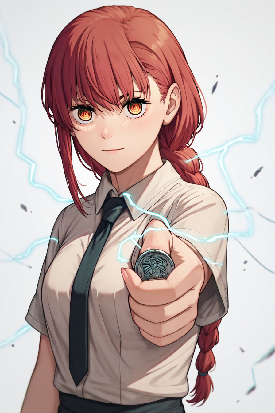 score_9, score_8_up, score_7_up, score_6_up, score_5_up, score_4_up,  <lora:mak1ma0XL_Pony_v1:1> , mak1ma0, red hair, long hair, braid, ringed eyes, white collared shirt, black necktie, 1girl, alone, masterpiece, highres, highly detailed face,  <lora:railgun_technique:0.8>, coin, holding coin, facing viewer, looking at the viewer, electricity, electrokinesis, white background, simple background