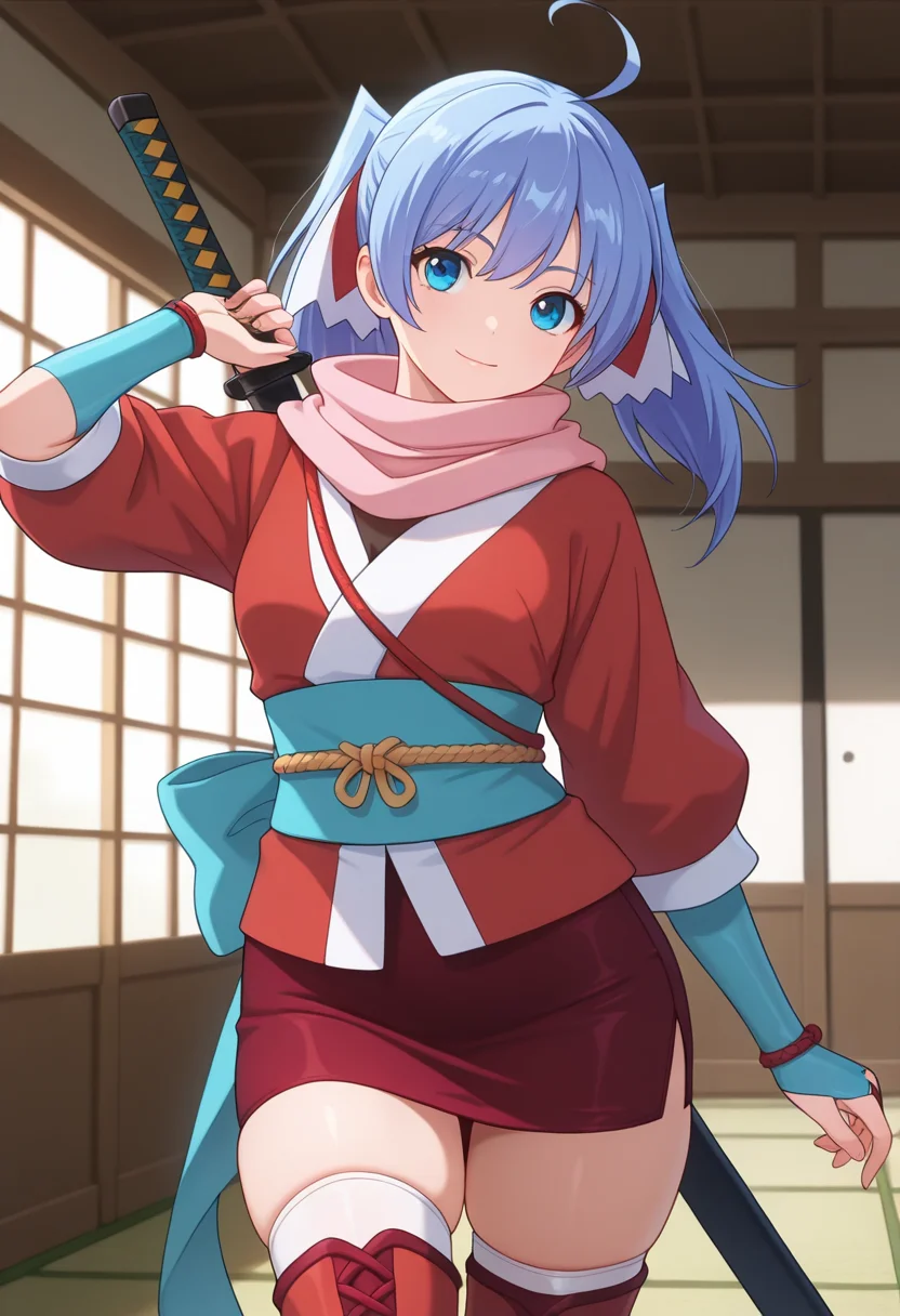 masterpiece, best quality, amazing quality, 1girl, solo, cowboy shot, yuukoww, blue eyes, blue hair, long hair, twintails, multicolored hair ribbon, ahoge, ninja, pink scarf, red kimono, aqua sash, back bow, aqua bridal gauntlets, red miniskirt, zettai ryouiki, multicolored thigh boots, katana, sheath, sheathed, weapon on back, looking at viewer, smile, indoors, day, skindentation, detailed clothing folds, depth of field, sharp, high contrast, dynamic light <lora:Hattori_Yuuko_Ichiban_Ushiro_no_Daimaou_ill_v11:0.9>