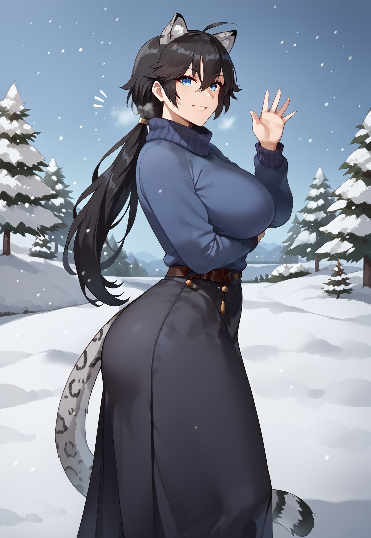 safe_pos, outdoors, winter, snow, masterpiece, best quality, very aesthetic, absurdres, score_9, score_8_up, score_7_up, score_6_up, Expressiveh, good_hands, BREAK mature female, large breasts, curvy, beautiful face, highly detailed faces and eyes, 1girl, leopard ears, (snow leopard ears), (snow leopard tail), black hair, long hair, ahoge, hair between eyes, blue eyes, ponytail, blue sweater, long sleeves, black skirt, long skirt, knee boots, grey mittens, dynamic pose, from side, looking at viewer, smile, waving