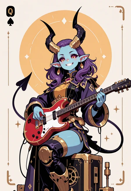 masterpiece,best quality,amazing quality, 1girl, solo, looking at viewer, simple background, playing card background, queen of hears card, haiz_ai, in the style of cknc, Flatline, Flat vector illustration, alfira,alfiraOutfit,colored sclera, horns, heavy metal, electric guitar, demon tail, happy, grin, smile, playing music, leg up, <lora:ponyv4_noob1_2_adamW-000017:0.30000000000000004> <lora:checkpoint-e18_s306:1.5000000000000002> <lora:haiz_ai_illu:0.7000000000000002> <lora:ck-nc-cyberpunk-IL-000011:0.6000000000000001> <lora:alfiraIllustriou:0.6000000000000001>