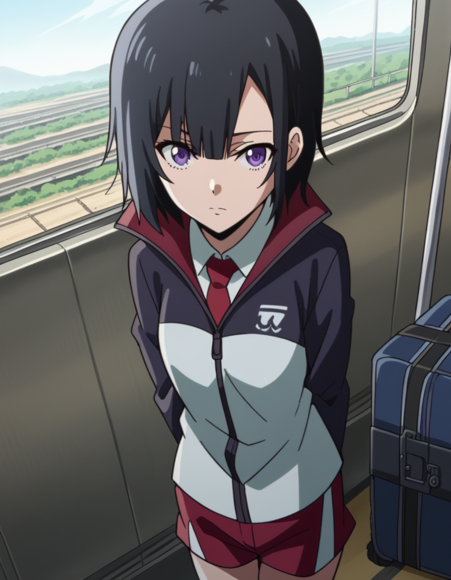 score_9, score_8_up, score_7_up, source_anime, <lora:yuika-shiwahime-s1-ponyxl-lora-nochekaiser:1>, yuika shiwahime, short hair, black hair, purple eyes,, shirt, jacket, necktie, shorts, sleeves past wrists, track jacket,, train station, waiting for train, suitcase, traveling, commute, city skyline, hands behind back,, , looking at viewer, from above,, solo,, dutch angle, cowboy shot