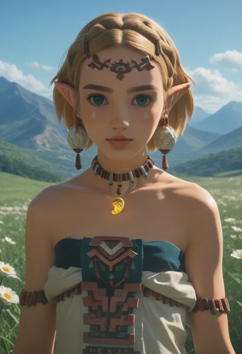 score_9, score_8_up, score_7_up, realistic photo of przldtotk, 18-year-old 1girl, unique angle, unique framing, upper body,  face focus, (looking at viewer), parted lips, 1girl, pointy ears, blonde hair, short braided hair, green eyes, headpiece, necklace, earrings, facepaint, zonai dress, by loish, masterpiece, lips parted, slim figure, petite, (outdoors, blue sky, grassy field, flowers, floating mountains), side lighting, warm lights