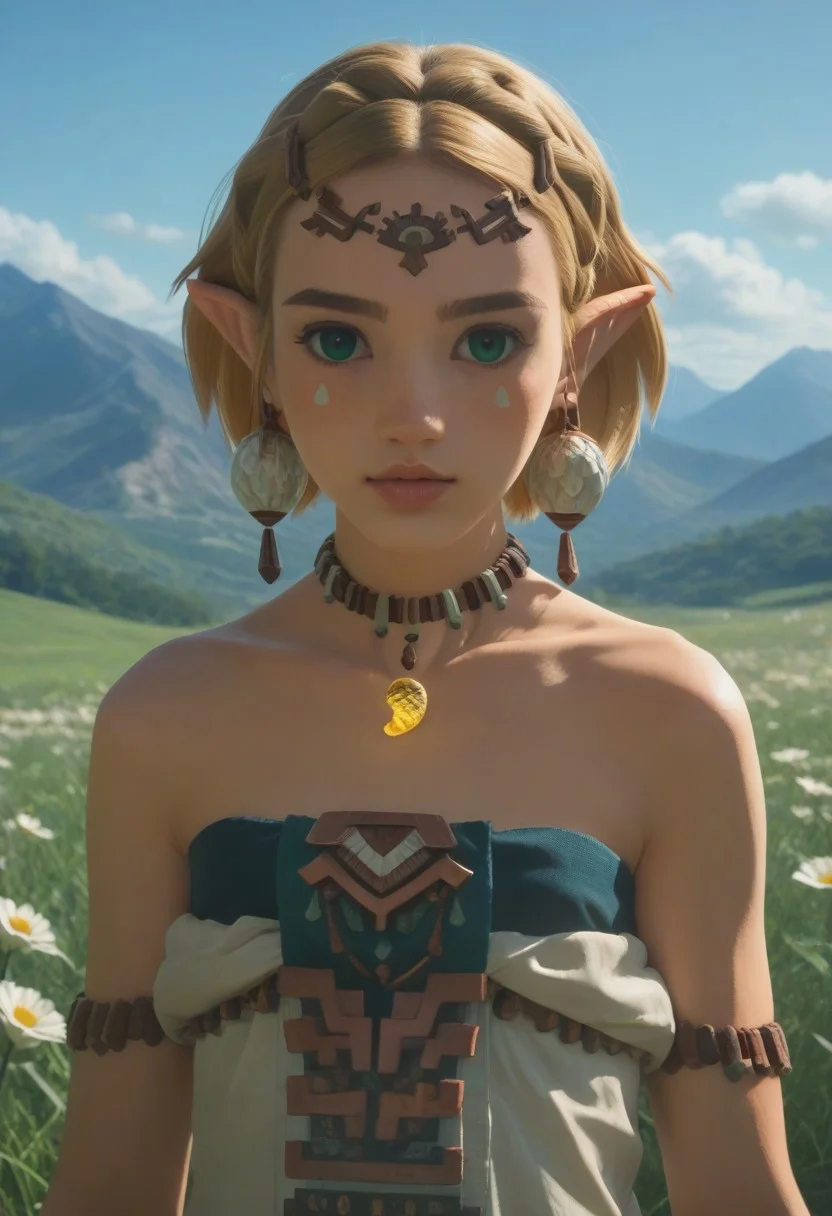 score_9, score_8_up, score_7_up, realistic photo of przldtotk, 18-year-old 1girl, unique angle, unique framing, upper body, face focus, (looking at viewer), parted lips, 1girl, pointy ears, blonde hair, short braided hair, green eyes, headpiece, necklace, earrings, facepaint, zonai dress, by loish, masterpiece, lips parted, slim figure, petite, (outdoors, blue sky, grassy field, flowers, floating mountains), side lighting, warm lights