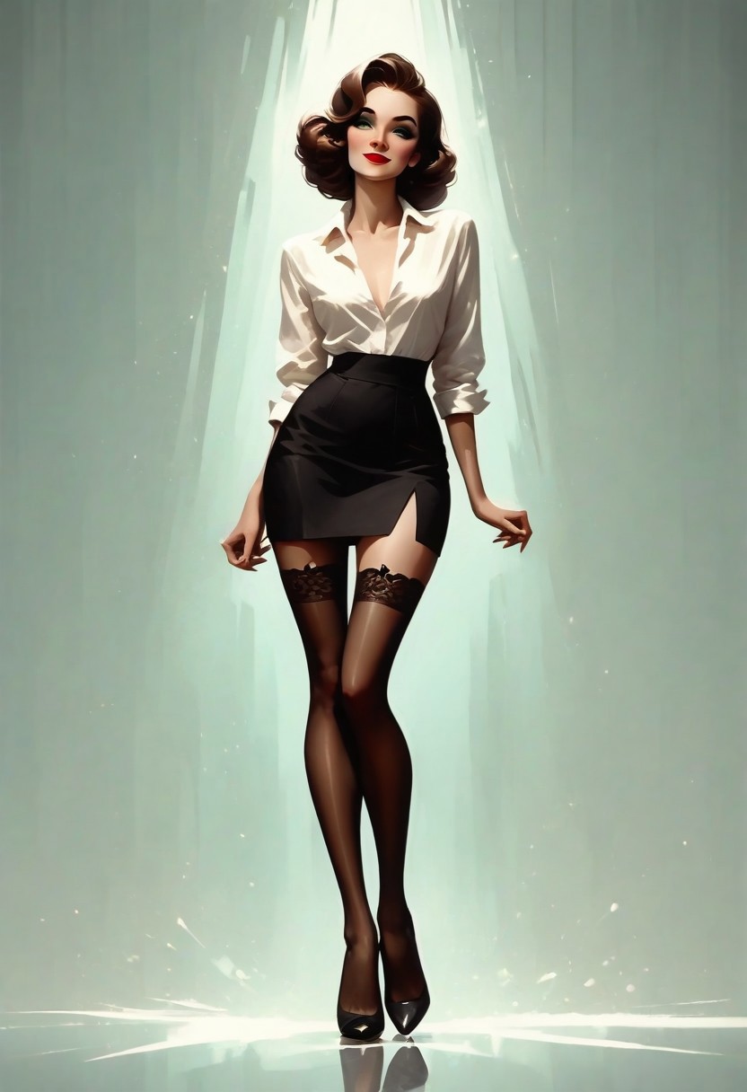 score_9, score_8_up, score_7_up, score_6_up, beautiful face, perfect eyes, p4int3dn0ir art style, 1girl, model, olive skin, green eyes, long brown hair, long legs, hourglass figure, makeup, red lips, white blouse, pencil skirt, thigh high stockings, high heels, sexy face, shy smile, sexy pose, in office