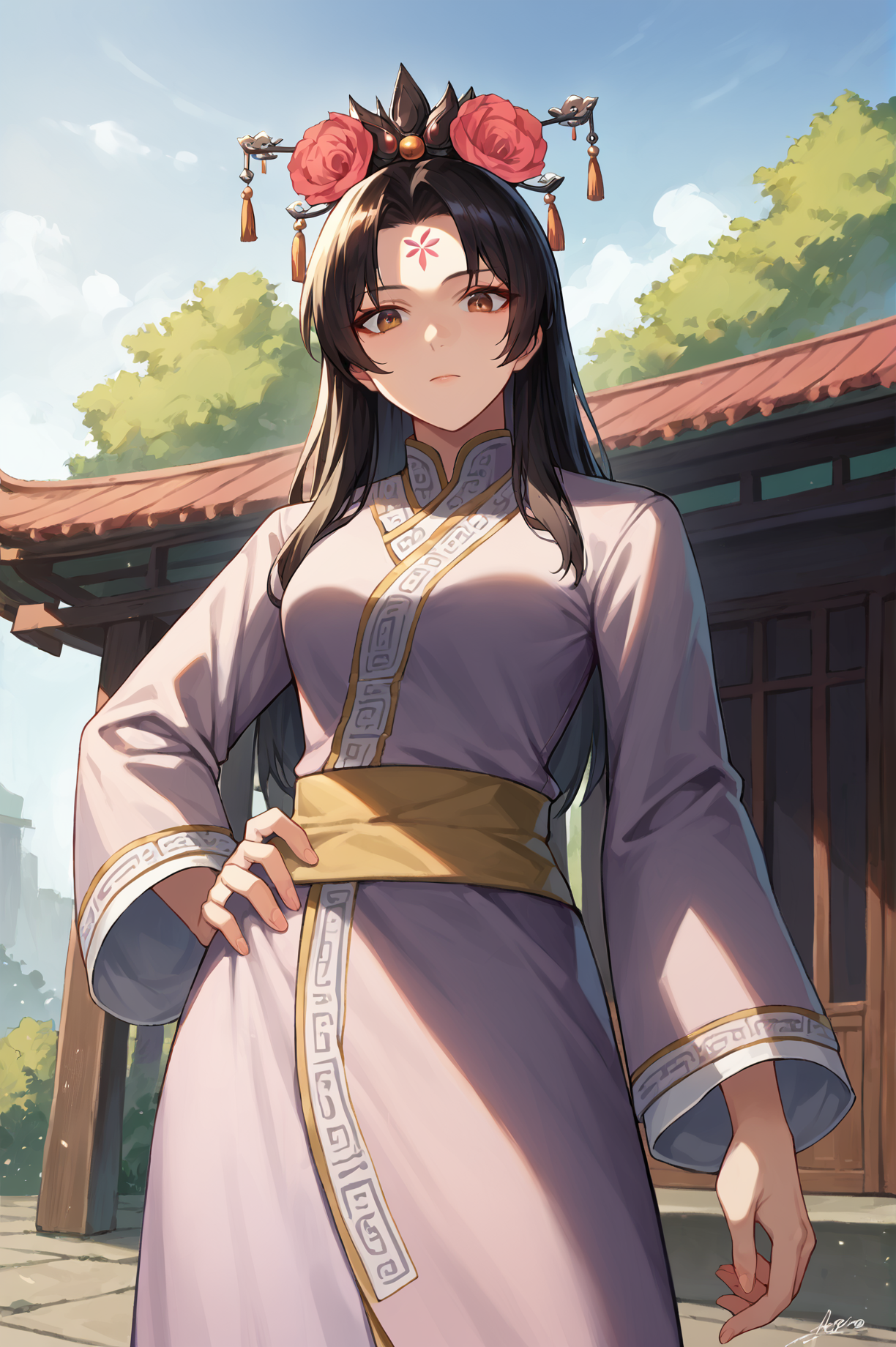 score_9, score_8_up, score_7_up, BREAK A woman standing with one hand resting on a chair, the other on her hip, looking down.,<lora:Yu_Meiren_Dynasty_Warriors:0.8> 1girl, solo, black hair, long hair, hair ornament, hair flower, brown eyes, forehead mark, chinese clothes, long sleeves, outdoors, looking at viewer