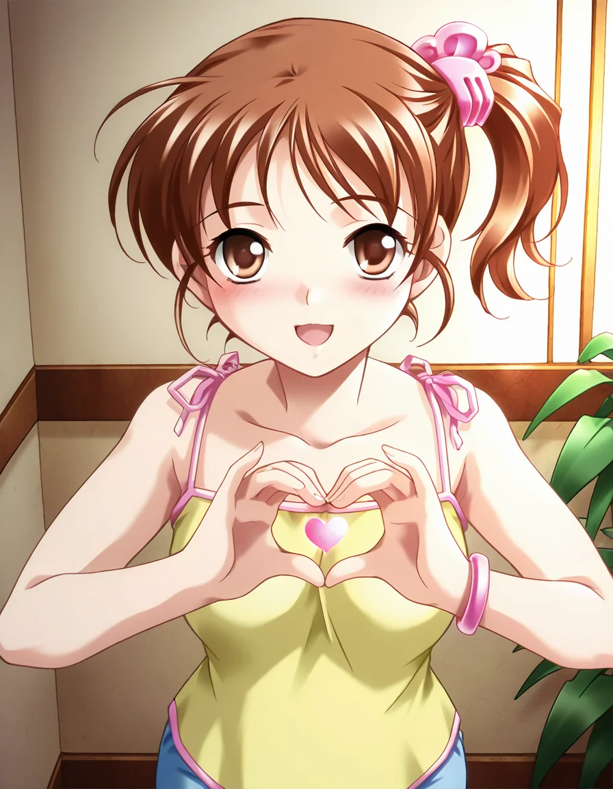 masterpiece, best quality, amazing quality, very aesthetic, official art, absurdres, ultra detailed, game cg, huge filesize,
1girl, solo, okamoto_yuuri, brown hair, brown eyes, side ponytail, short hair,
yellow camisole, bracelet, blue shorts,
blush, smile, open mouth, looking at viewer,
pinup, heart hands,
in room, front view, cinematic light, best shadow, ultra detailed <lora:okamoto yuuri v1.0-000014:1>