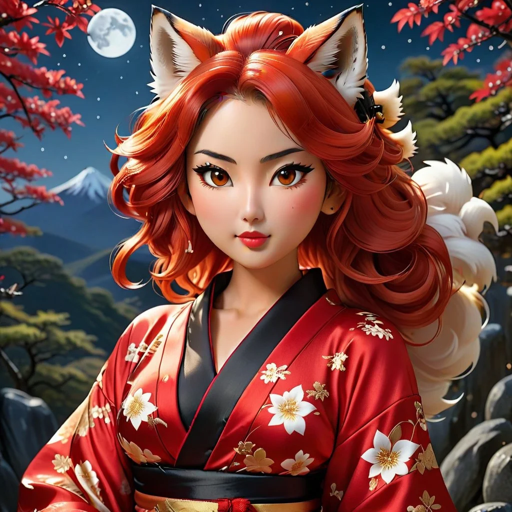 (masterpiece,best quality,ultra_detailed,highres,absurdres:1.2), canon ef 40mm shot, sharp focus, Full body Playmate shot:1, Beautiful Kitsune, Goddess face, large breasts, shiny pinned up hair, captivating eyes, Perfect anatomy, Intricately detailed red and black silk kimono, hand raised to chin, ultra detailed Japanese mountain shrine, starry moonlit sky, warm radiant lighting, view from above