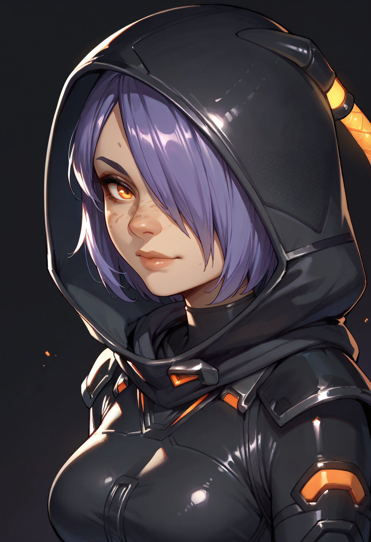 score_9,score_8_up,score_7_up,score_6_up,dark background,(portrait:1.4),close-up,bodysuit,medium breasts,hood,purple hair,short hair,orange eyes,looking at viewer,from side,hair over one eye,makeup,freckles,thick thighs,black pants,glowing,<lora:MyTrainings\Temp\Apex\Loba_Heat_Shade_Pony\v6_5e_no_trigger_word_and_added_hand_tags\Loba_Heat_Shade_Pony_ARZUMATA.safetensors:0.6>