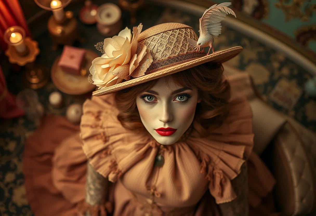 (High Angle on hat:1,5), Overhead Shots, whimsical fashion photography, dreamlike setting, surreal elements, high fashion, elaborate props, theatrical set design, romantic vintage palette, fairytale atmosphere, glamorous and bizarre, imaginative storytelling, sense of nostalgia, surreal beauty, fantasy-inspired scene, costume-focused