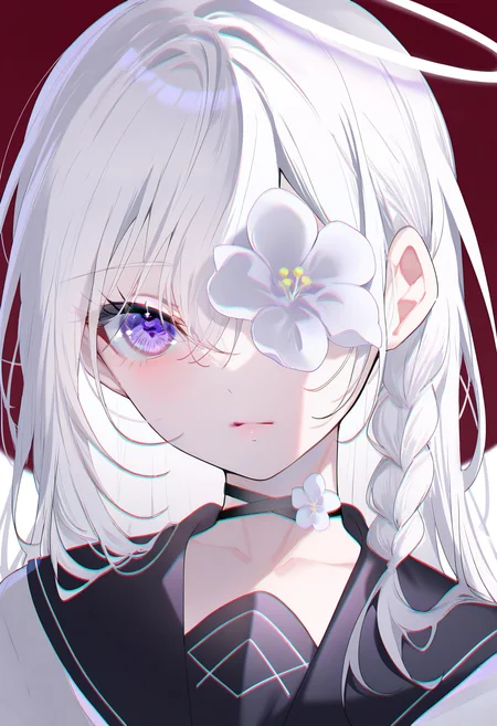 <lora:Rag:1>, best quality, masterpiece, miwano rag, 1girl, flower over eye, purple eyes, looking at viewer, single braid, white hair, long hair, black sailor collar, one eye covered, white background, white flower, school uniform, halo, serafuku, shirt, chromatic aberration, portrait, symbol in eye, closed mouth, choker, collarbone, expressionless, close-up, side braid, lips, hair between eyes, two-tone background, eyelashes, simple background, upper body