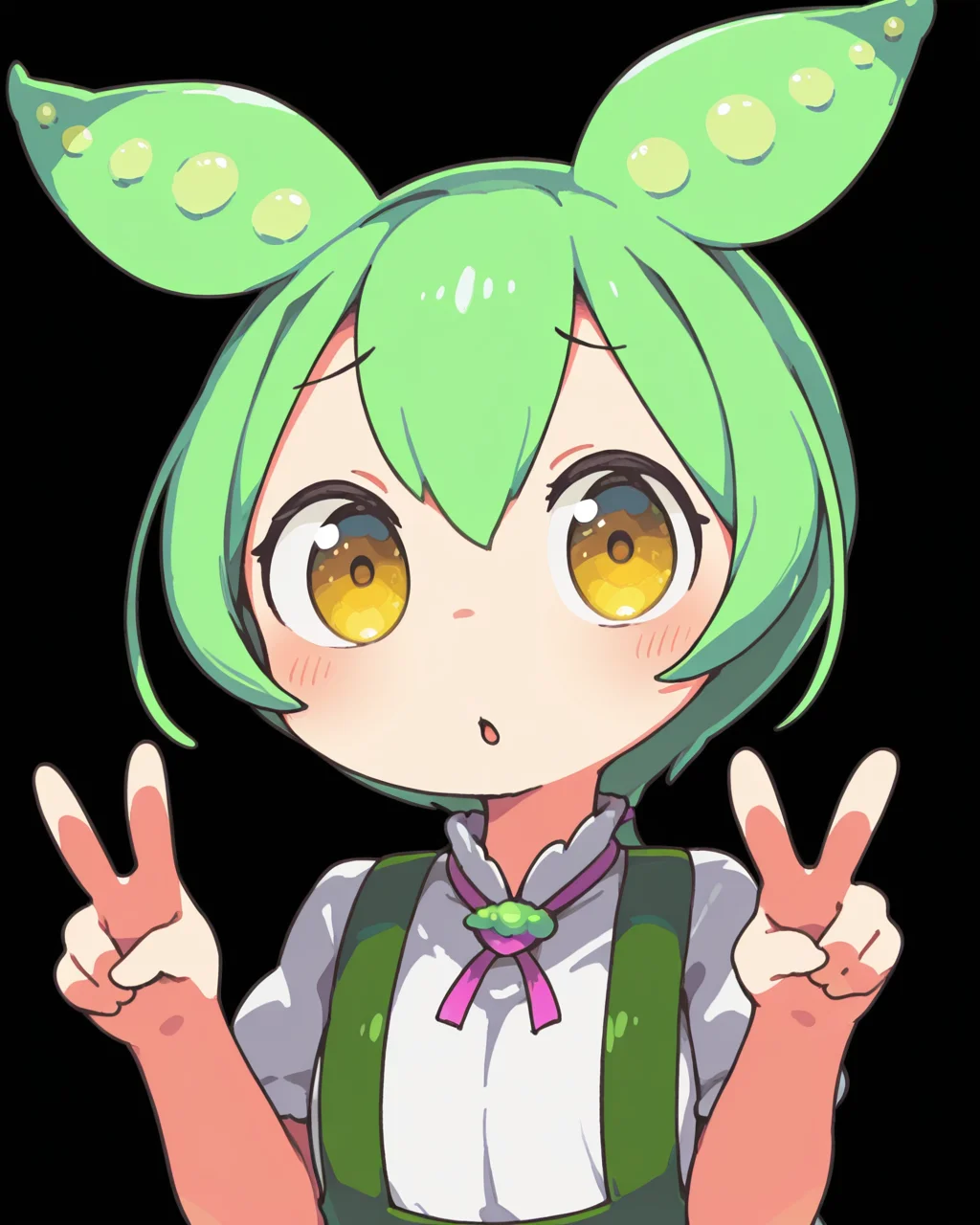 1girl, solo, zundamon, animal ears, green hair, yellow eyes, green suspenders, white shirt, sakamoto ahiru, steam, smell, steaming body, looking at viewer, upper body, v, simple background, black background, masterpiece, best quality, very aesthetic, absurdres