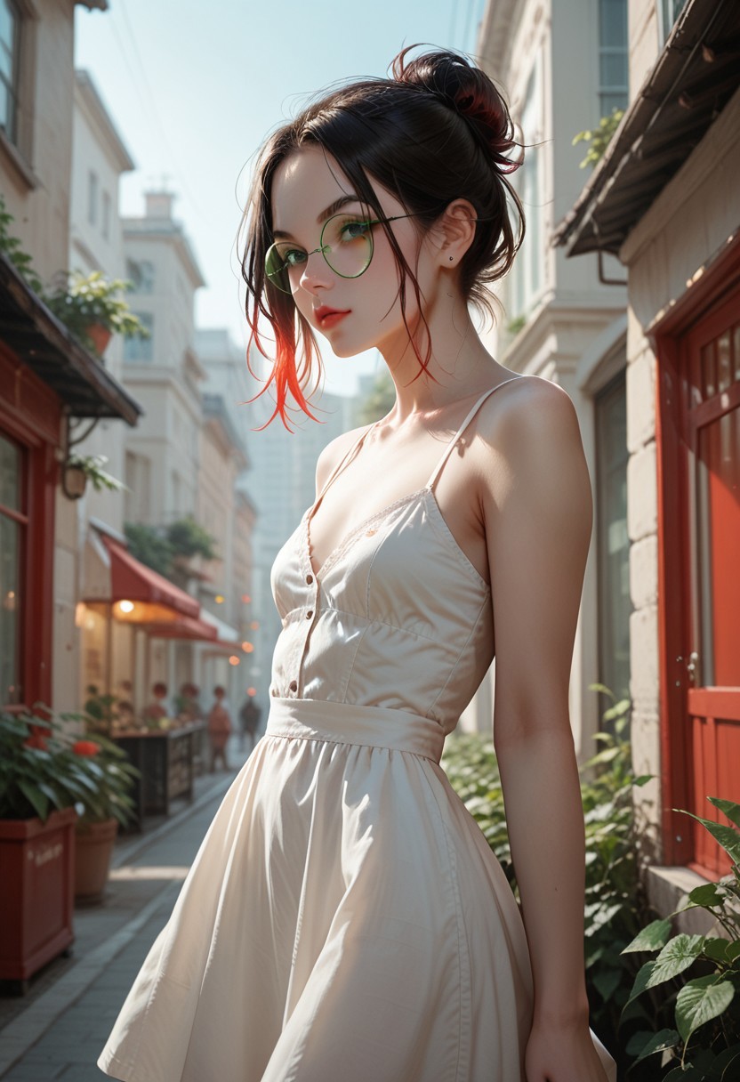 score_9, score_8_up, score_7_up, score_6_up,  1girl,  Patty, PattyRH, black hair, hair bun, gradient hair(red-black), green eyes, big round eyeglasses, small breasts, slim, pale skin, dynamic pose, black sundress, outdoors, cowboy shot