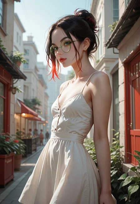 score_9, score_8_up, score_7_up, score_6_up, 1girl, Patty, PattyRH, black hair, hair bun, gradient hair(red-black), green eyes, big round eyeglasses, small breasts, slim, pale skin, dynamic pose, black sundress, outdoors, cowboy shot