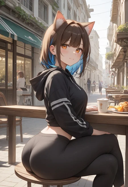 score_9, score_8_up, score_7_up, score_6_up, dynamic, (anime, masterpiece), best quality, (8k), detailed background, 1girl, adult, long brown hair, bright orange eyes, cute nose, black eye shadow, normal breasts, natural breasts, beautiful butt, close up, super detailed, super high quality, hyper detailed background, sexy, cat ears, embedding:zPDXLxxx, crossed legs, street view, black hoodie, black yoga pants, sits in a cafe in italy in the street, cinematic lighting, sharp focus, intricate, ambient lighting, blue hair highlights, Expressiveh, zPDXLxxx, zPDXL3, bralette