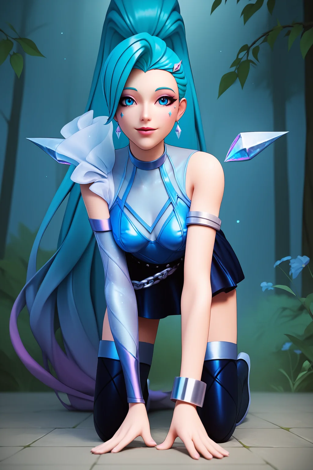 score_9, score_8_up, score_7_up, score_6_up, BREAK, SeraphineKDAAOXL, K/DA (league of legends), blue eyes, aqua hair, long hair, ponytail, bangs, medium breasts, single sleveless, blue dress, armlet, bracelet, black belt, black skirt, chain, black thigh boots, solo, all fours, seductive smile, looking at viewer, forest, tree <lora:SeraphineKDAAOXL:0.8>