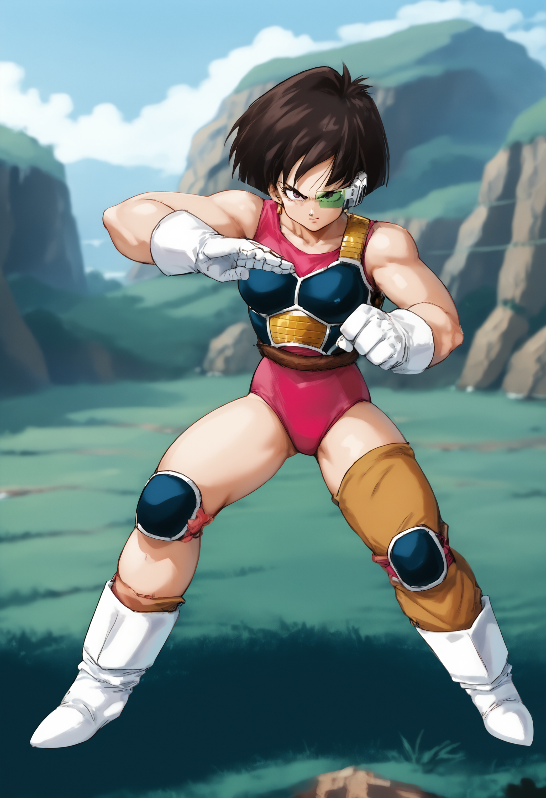 score_9, score_8_up, score_7_up, score_6_up, source_anime, dutch angle, (fighting stance), in movement, 1girl, full body,<lora:Fasha:1.0> fasha, Saiyan Armor,  gloves, boots, short hair, eyewear, (monkey tail), pink leotard,serious, BREAK petite,  seen from above, (sideview:0.8), grand canyon in background, movement lines, motion blur, <lora:honjouji_akira_pony_ver1:0.8> drgbls1