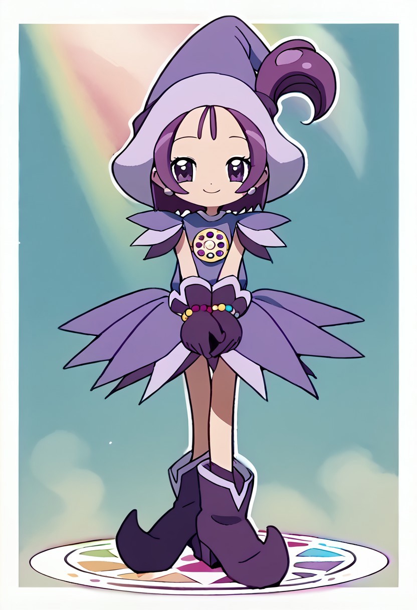 score_9, score_8_up, score_7_up BREAK Onpu2, 1girl, purple hair, bob cut, ponytail, purple eyes, purple witch hat, dark purple hat band, layered short-sleeve purple dress, rainbow pearl circle chest badge, purple white gloves, purple white boots, rainbow pearl bracelet, smiling at viewer, full body,