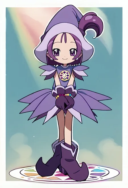 score_9, score_8_up, score_7_up BREAK Onpu2, 1girl, purple hair, bob cut, ponytail, purple eyes, purple witch hat, dark purple hat band, layered short-sleeve purple dress, rainbow pearl circle chest badge, purple white gloves, purple white boots, rainbow pearl bracelet, smiling at viewer, full body,