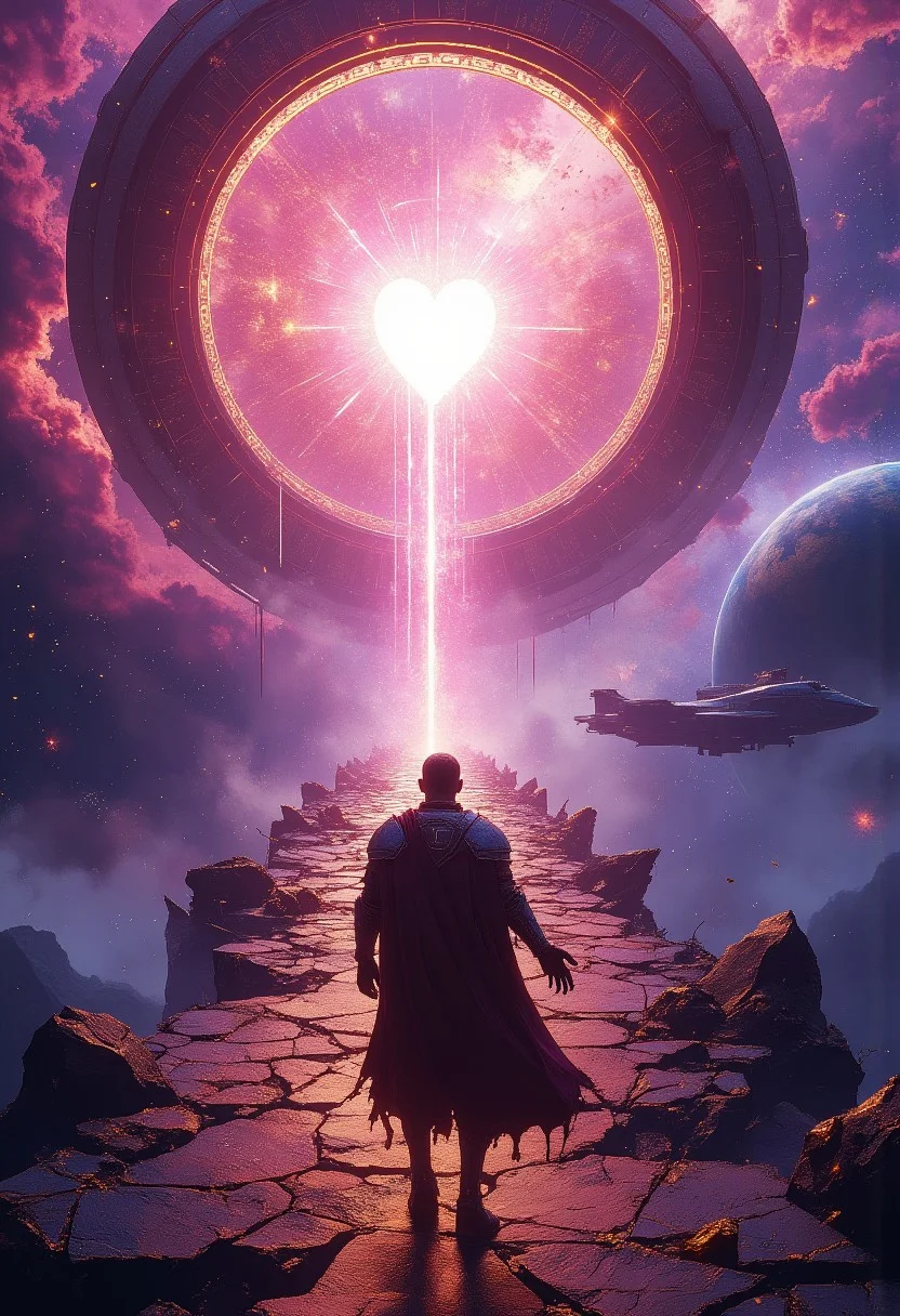 Epic cosmic scene, ultra-detailed, cinematic, 8K resolution.
View from above: A lone, battle-worn knight in intricate, weathered armor struggles forward, bent under the immense pressure of a radiant, flowing light. ((His outstretched hand reaches against the stream of light)), his tattered cape billowing.
Before him, a colossal Dyson sphere-like ring encircles a soft pink, pulsating star, its metallic surface adorned with ancient, glowing runes. At its center, a heart-shaped fissure radiates a blinding celestial glow, beckoning yet overwhelming.
A mystical road of cosmic energy stretches toward the heart, suspended in the void, its surface littered with the skeletal remains and shattered armor of fallen travelers. Behind the knight, his sleek, futuristic spaceship remains docked at the road’s distant edge, contrasting the ancient spectacle ahead.
In the distance, Earth glows in the cosmic abyss, its orbit entwined with the enigmatic pink star. The scene is bathed in ethereal nebula hues, high-contrast lighting, and a sense of grandeur, mystery, and destiny.