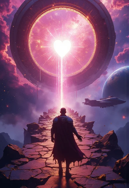 Epic cosmic scene, ultra-detailed, cinematic, 8K resolution.
View from above: A lone, battle-worn knight in intricate, weathered armor struggles forward, bent under the immense pressure of a radiant, flowing light. ((His outstretched hand reaches against the stream of light)), his tattered cape billowing.
Before him, a colossal Dyson sphere-like ring encircles a soft pink, pulsating star, its metallic surface adorned with ancient, glowing runes. At its center, a heart-shaped fissure radiates a blinding celestial glow, beckoning yet overwhelming.
A mystical road of cosmic energy stretches toward the heart, suspended in the void, its surface littered with the skeletal remains and shattered armor of fallen travelers. Behind the knight, his sleek, futuristic spaceship remains docked at the road’s distant edge, contrasting the ancient spectacle ahead.
In the distance, Earth glows in the cosmic abyss, its orbit entwined with the enigmatic pink star. The scene is bathed in ethereal nebula hues, high-contrast lighting, and a sense of grandeur, mystery, and destiny.