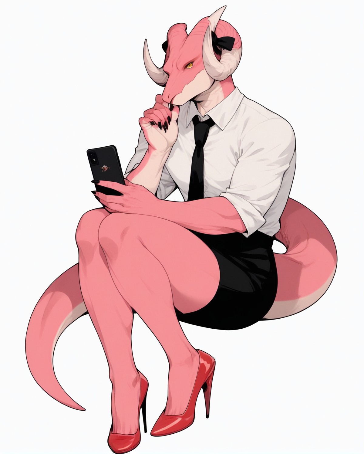 score_9, score_8_up, score_7_up, score_6_up, score_5_up, score_4_up,
(Masterpiece), (Best Quality), (Hi Res),
source_furry,
<1boy:1.5>,
<solo:1.5>,
<pink skin:1.5>,
<pink body:1.5>,
vincent_falnail, falchan, greyscale, 1boy, male focus, solo, yellow eyes, horns, furry male, furry, simple background, white background,
lipstick,makeup,ribbon,nostrils,dragon,
legs,sexy legs,muscular legs,heels,red heels,
<full body:1.5>,
<body focus:1.5>,
<simple background:1.5>,
<white  background:1.5>,
<lora:Vincent_Falnail:1> vincent_falnail,
 <lora:90s4n1m3XLP:1> 90s4n1m3, secretary,
secretary outift,
business outifit,
business,
shirt,
white shirt,
black skirt,
skirt,
tie,
heels,
high heels,
painted nails,
nail polish,
office,
cellphone